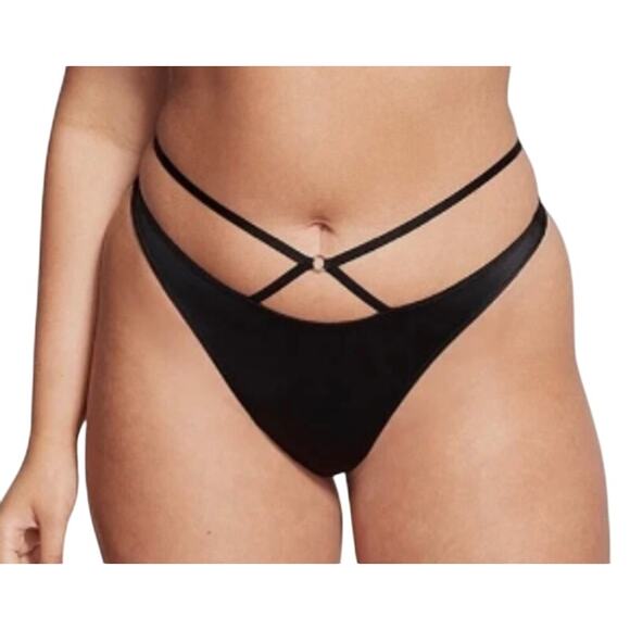 Victoria Secret Very Sexy Strappy Logo Thong Panty Black Large - Picture 1 of 6